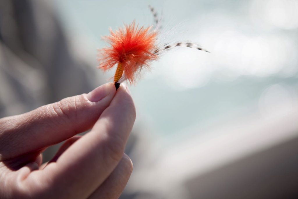 man holding a popular bonefish fly pattern