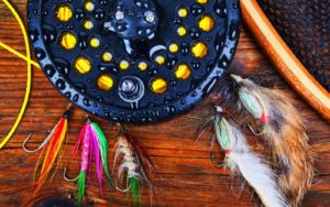 a fly reel with some flies around it