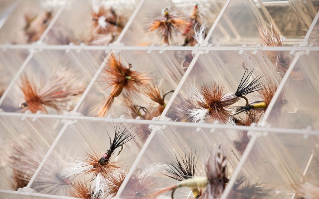 A set of dry flies for salmon inside the fly box