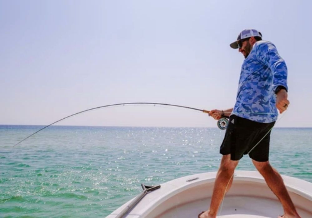 casting action of Moonshine Outcast fly rod