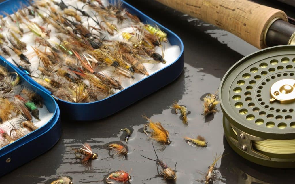 Fly fishing tackle on wet slate with flyr reel and fly rod next to it.