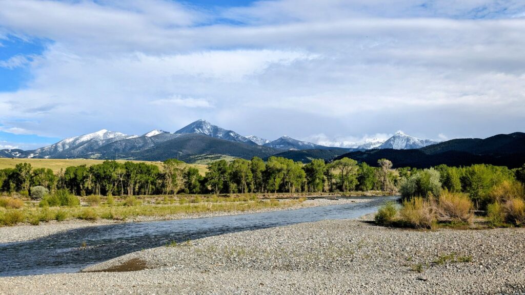 Montana river with gravel bars and snow-capped mountains near Livingston