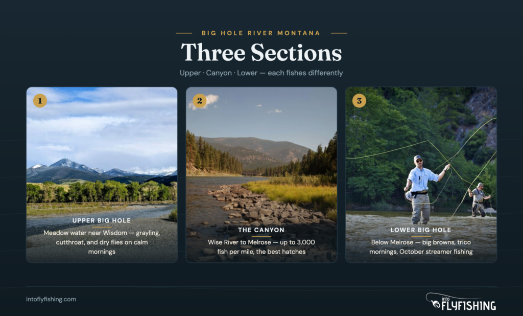 The three sections of the Big Hole River in Montana: upper meadow near Wisdom, canyon from Wise River to Melrose, and lower river below Melrose