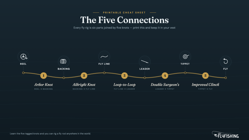 Printable fly fishing knots cheat sheet showing 5 rig connections and the knot for each