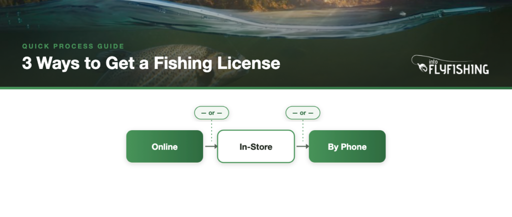 Infographic showing 3 ways to get a fishing license: online through your state agency, in-store at sporting goods retailers, or by phone