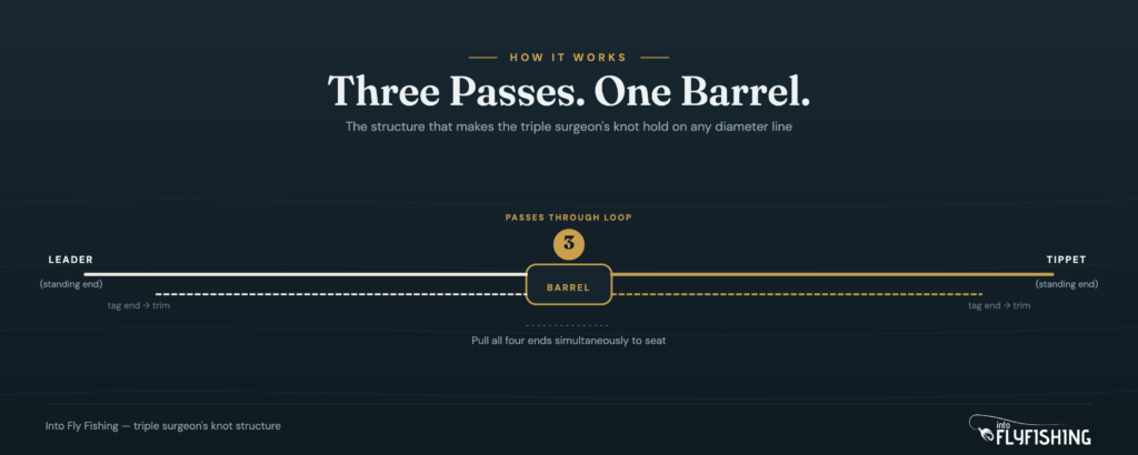 Diagram of the triple surgeon's knot showing the three-pass barrel, leader and tippet standing ends, and the two short tag ends to trim