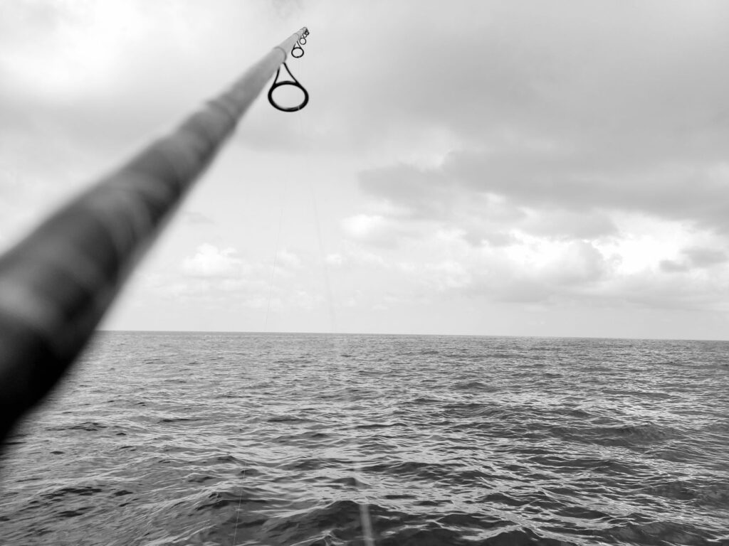 Fishing rod extended over open ocean water, line running toward the surface, saltwater fishing context