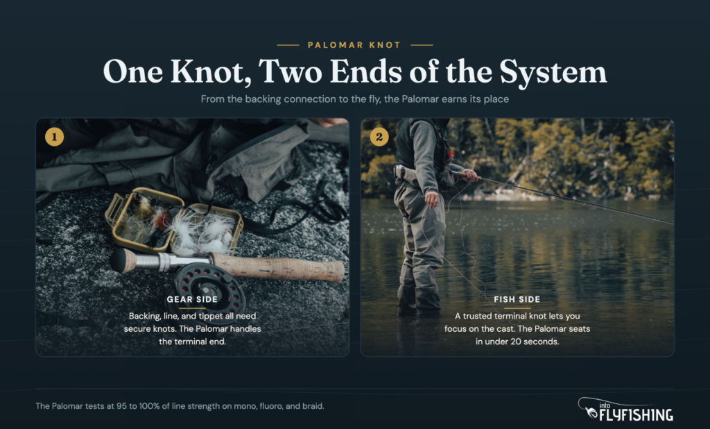 Two-panel graphic showing fly fishing rod and reel gear alongside an angler wading to illustrate where the Palomar knot fits in a fly fishing rig