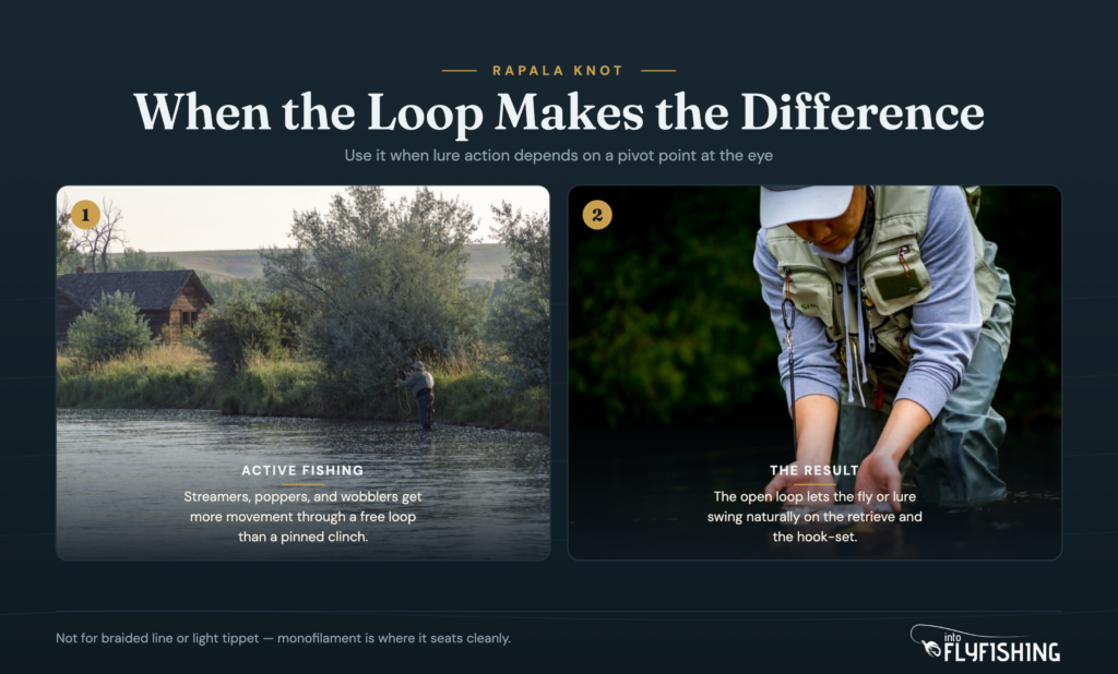 When to use the Rapala knot: active fly fishing with streamers on a river, and releasing a well-rigged trout