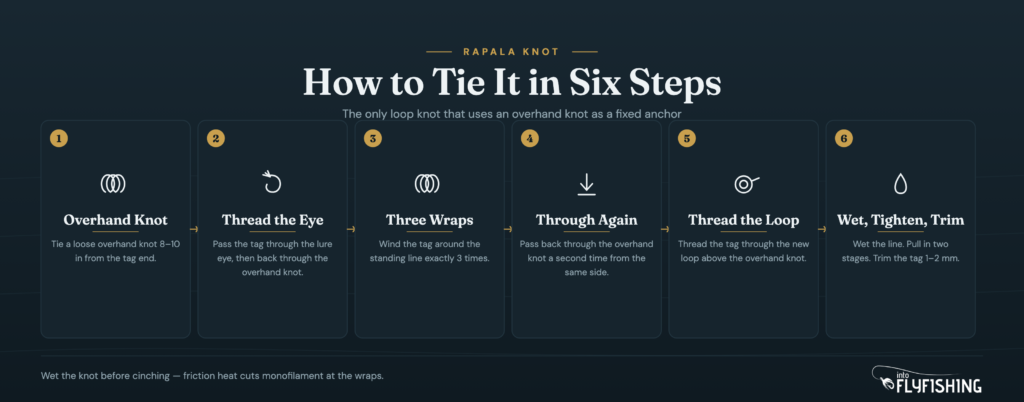 The Rapala knot in six steps: overhand knot anchor, thread through lure eye, three wraps around standing line, second pass back through overhand knot, thread through new loop, wet and tighten