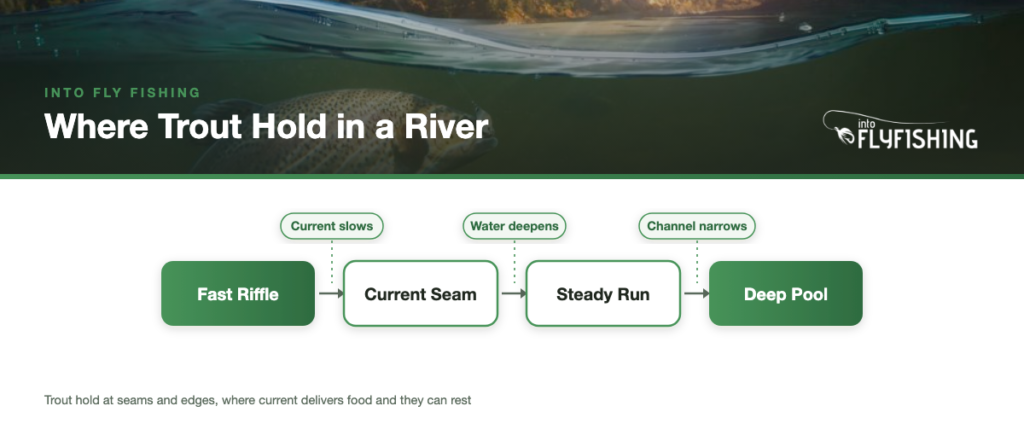Diagram showing where trout hold in a river: fast riffle, current seam, steady run, and deep pool