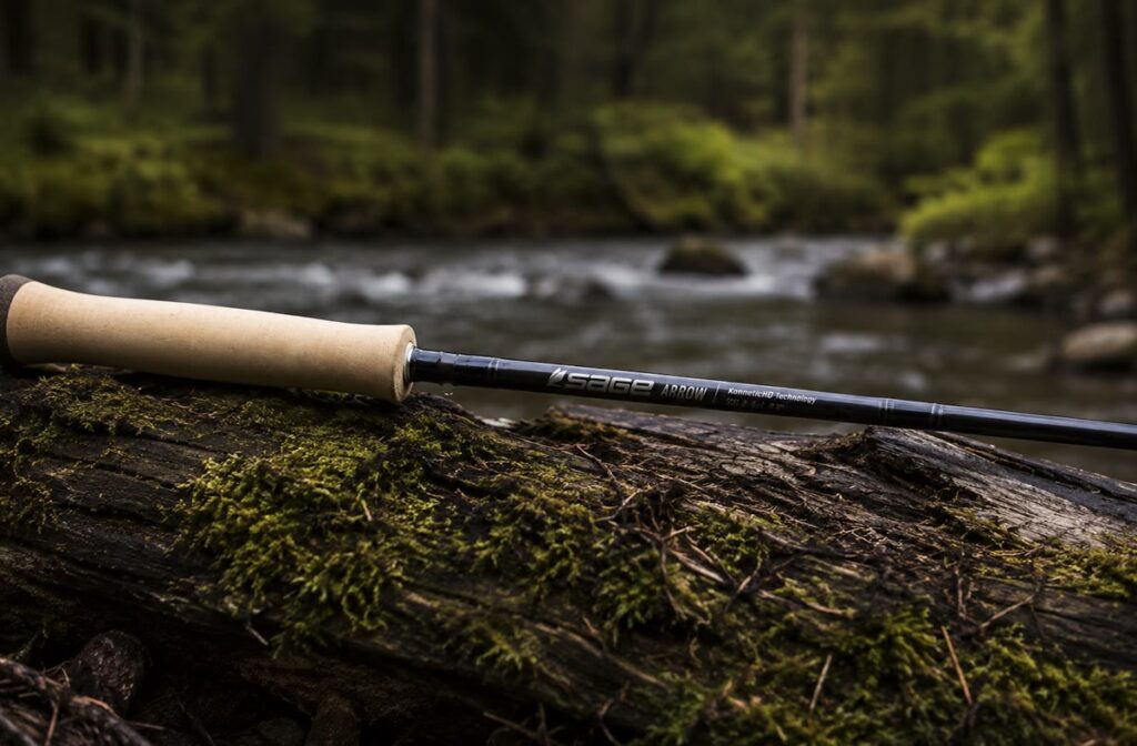 Sage Arrow fly rod cork handle on a moss covered log