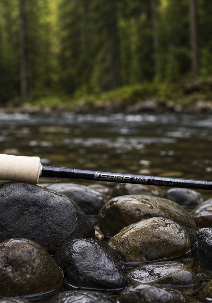 Sage Arrow 5 weight fly rod on river rocks