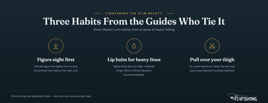 Three tightening tips for the Slim Beauty knot: set the figure eight first, use lip balm on heavy lines, and pull over your thigh
