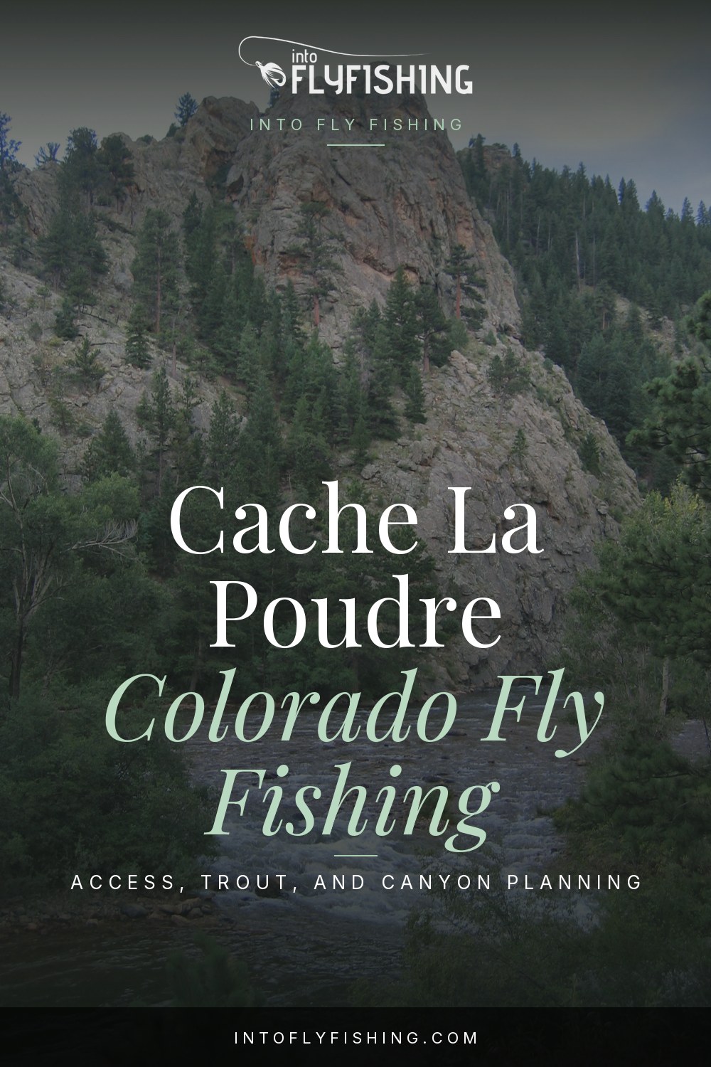 Cache la Poudre Colorado fly fishing guide over a photograph of the Poudre River.