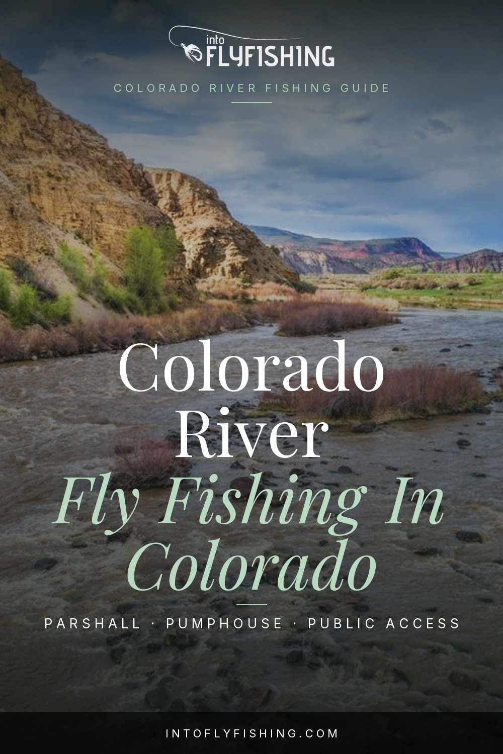 Colorado River fishing guide pin over a photograph of the Colorado River in Colorado.