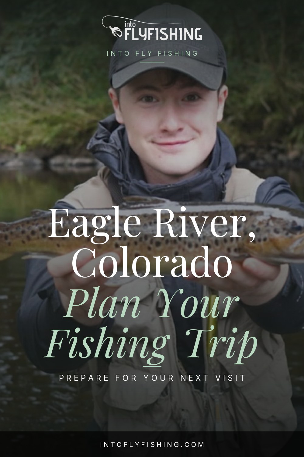 Eagle River Colorado fishing guide title over a photograph of a brown trout held near water.