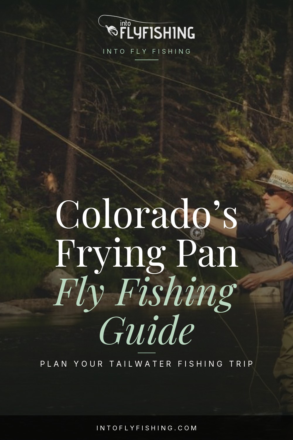An angler fishing a wooded river beneath a Colorado Frying Pan guide title.