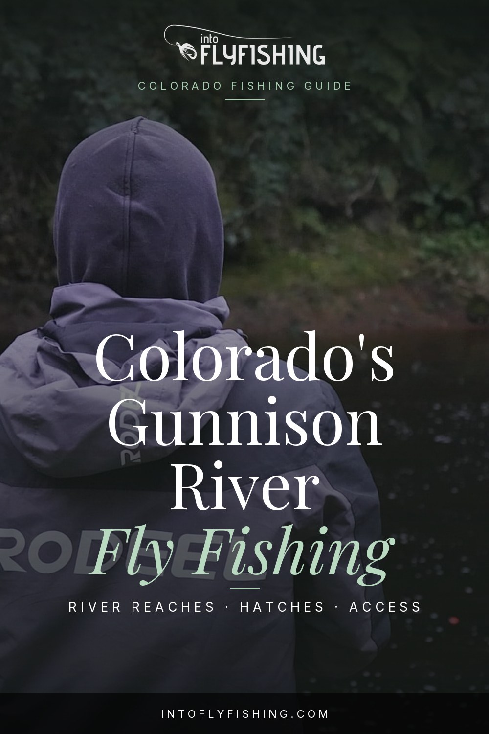 Gunnison River Colorado fishing guide title over a photograph of an angler viewed from behind beside water.