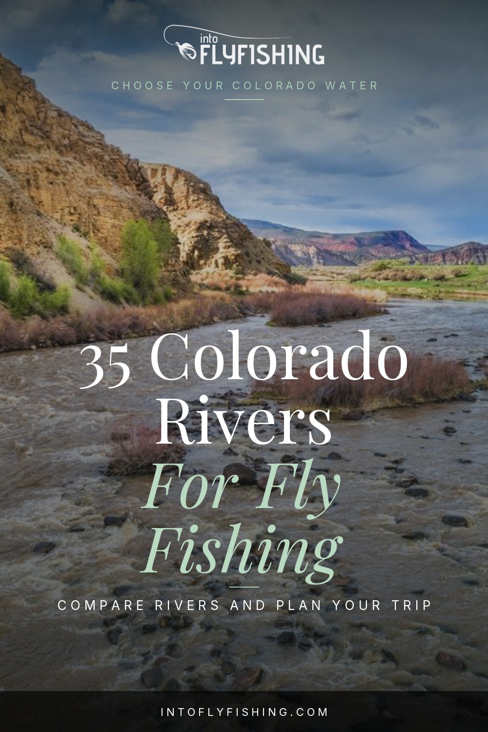 Colorado river guide pin with the headline 35 Colorado Rivers For Fly Fishing over a photograph of the Colorado River in Colorado.