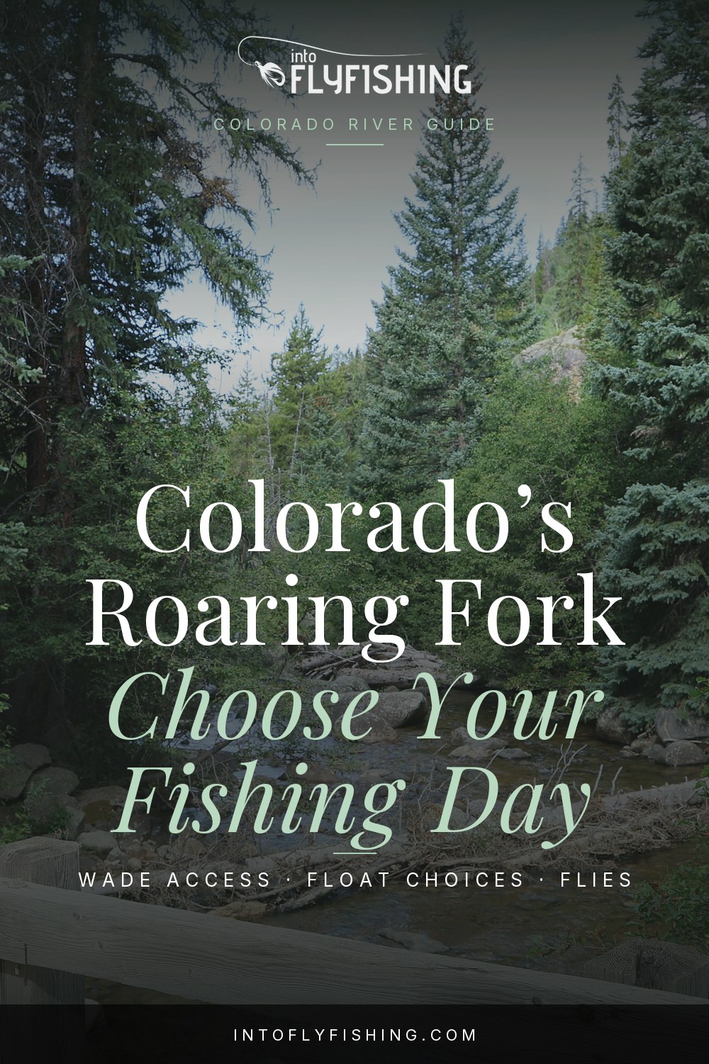 Roaring Fork Colorado fishing guide pin over a photograph of the Roaring Fork River at Lincoln Creek Road in Colorado.