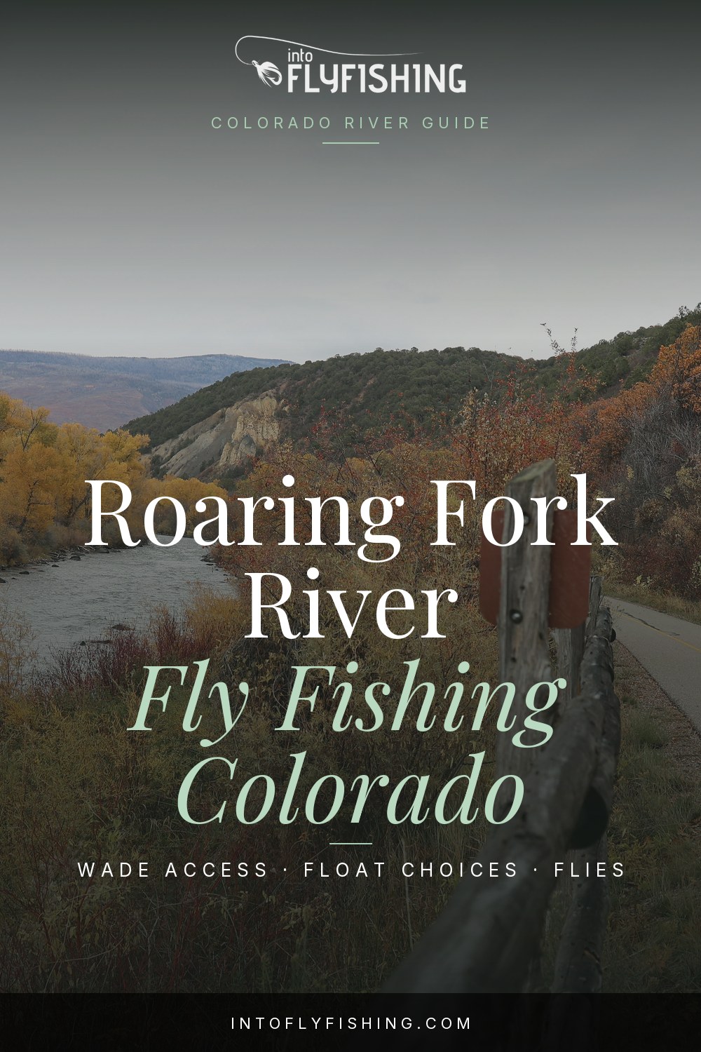 Roaring Fork Colorado fishing guide pin over a photograph of the Roaring Fork River and Rio Grande Trail in Catherine, Colorado.