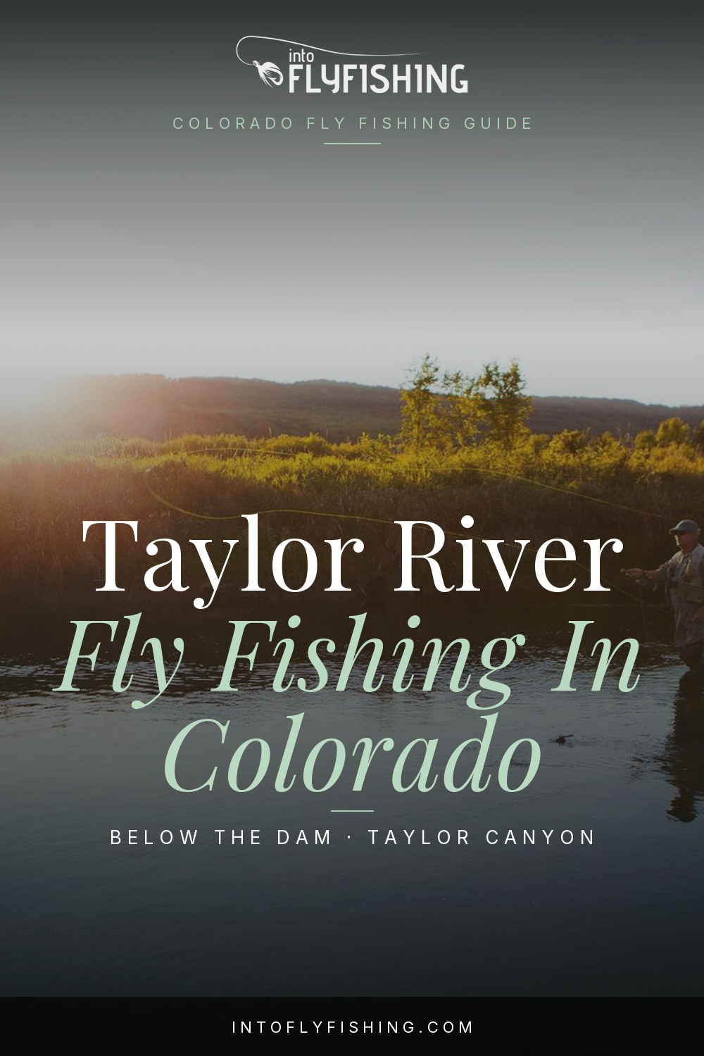 Taylor River fishing guide pin over a photograph of an angler fishing at sunset.