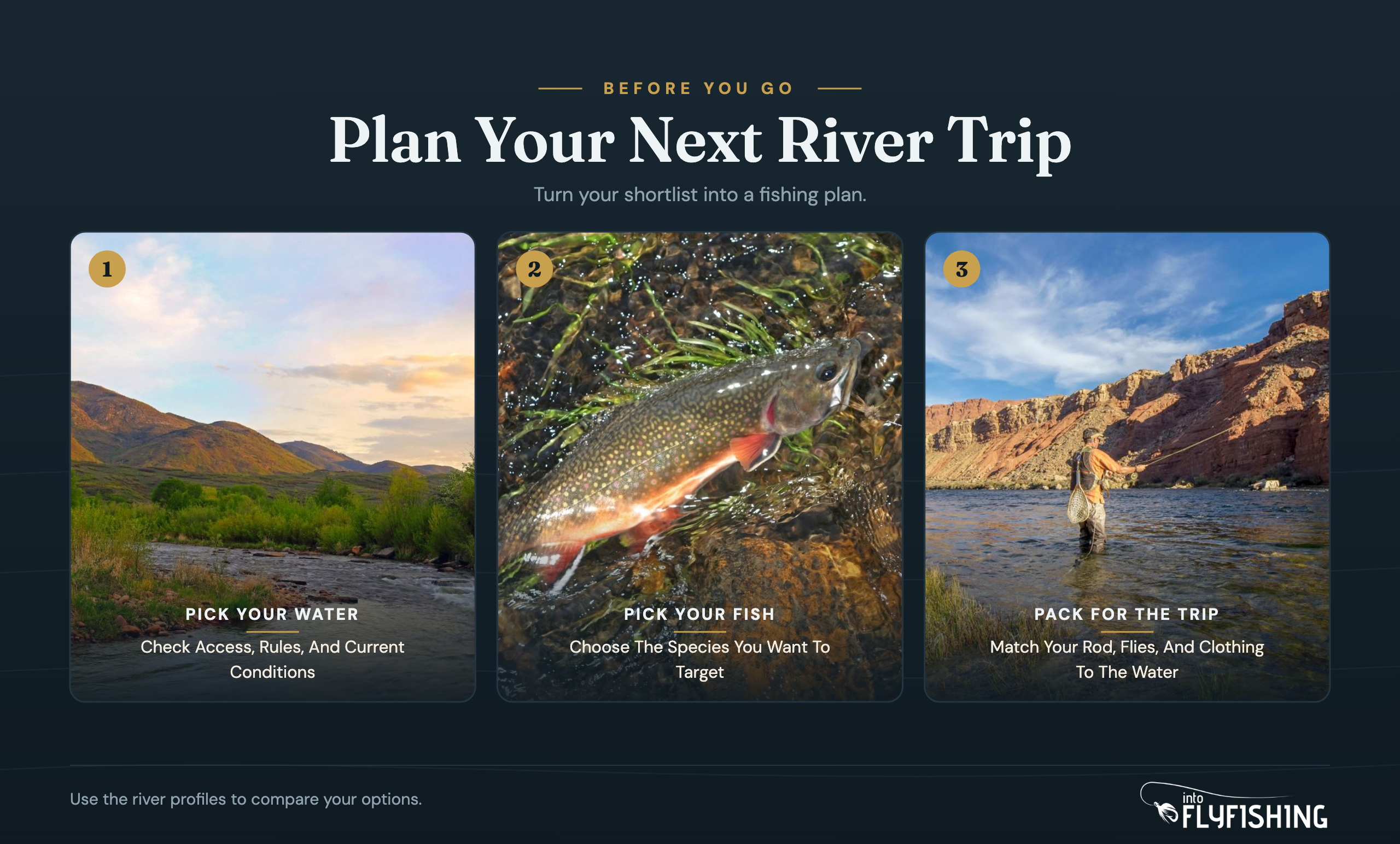 Three steps for a river trip: check access and conditions, choose your target fish, and match your gear.