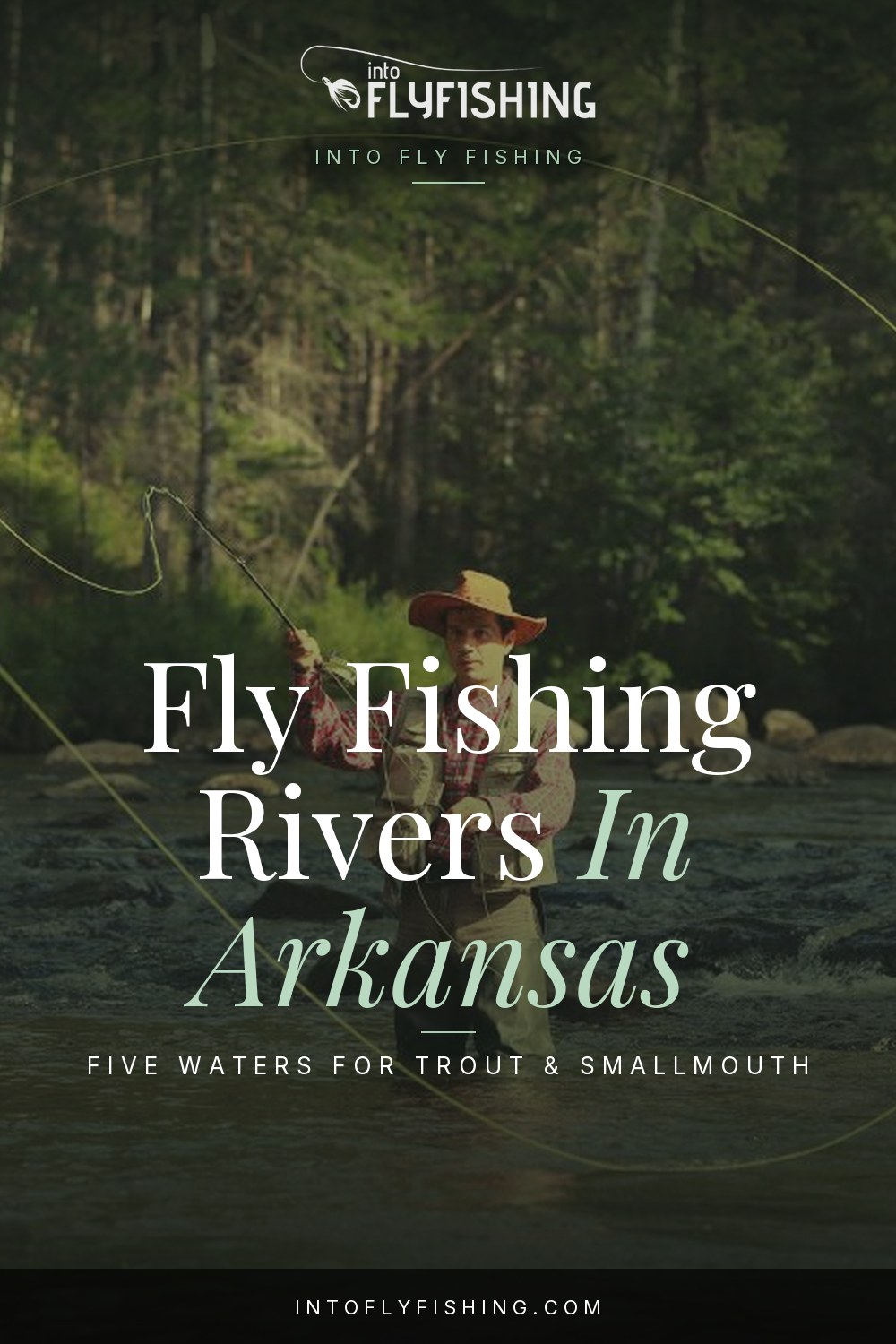 Arkansas fly fishing rivers guide pin over an angler casting a fly rod.