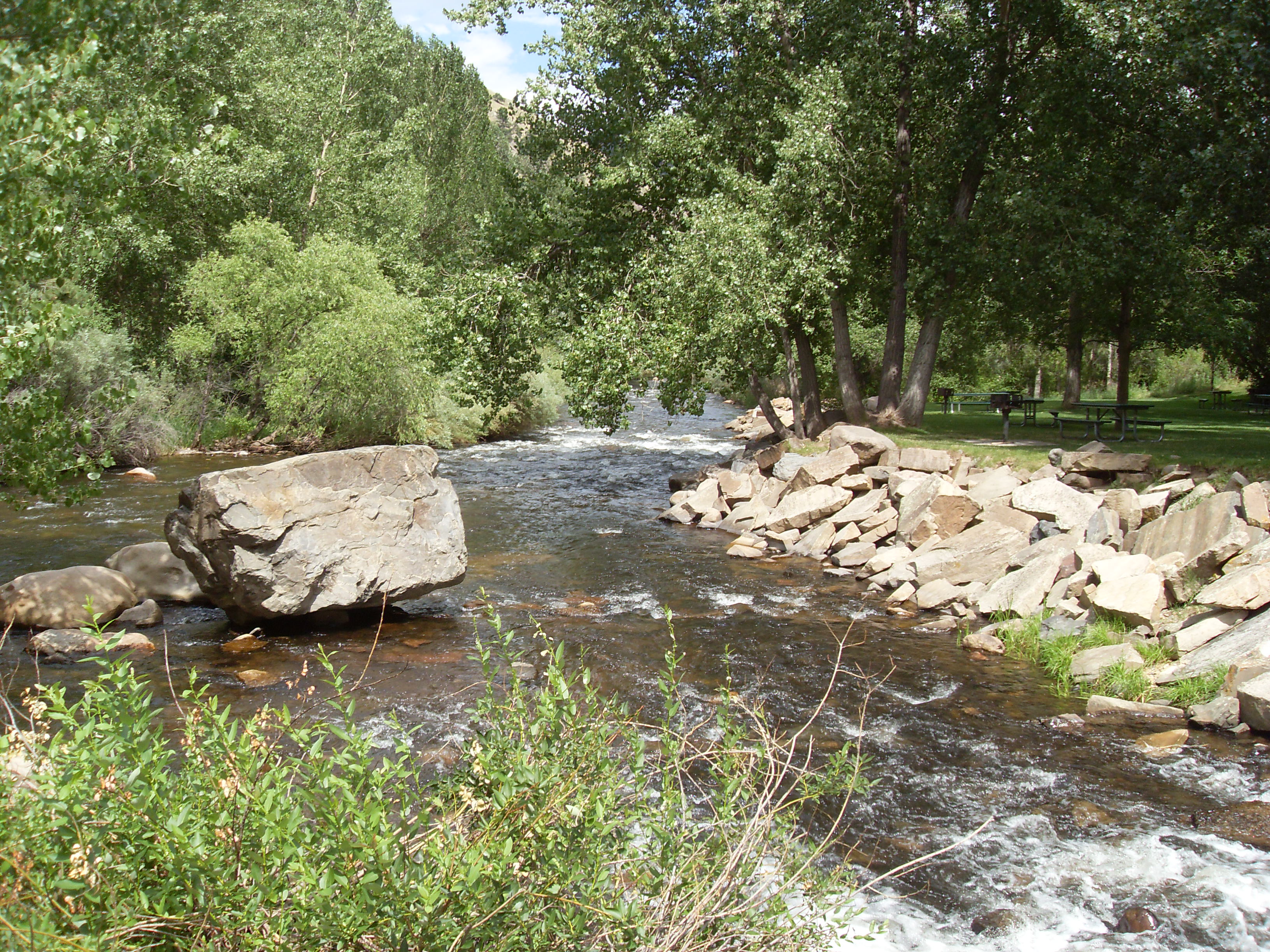 Fast water and boulders on the Big Thompson River in Viestenz-Smith Park.