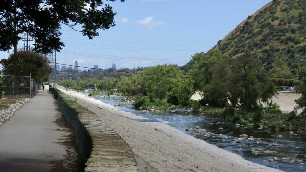 Los Angeles River flowing through the soft-bottom Glendale Narrows beside a concrete bank