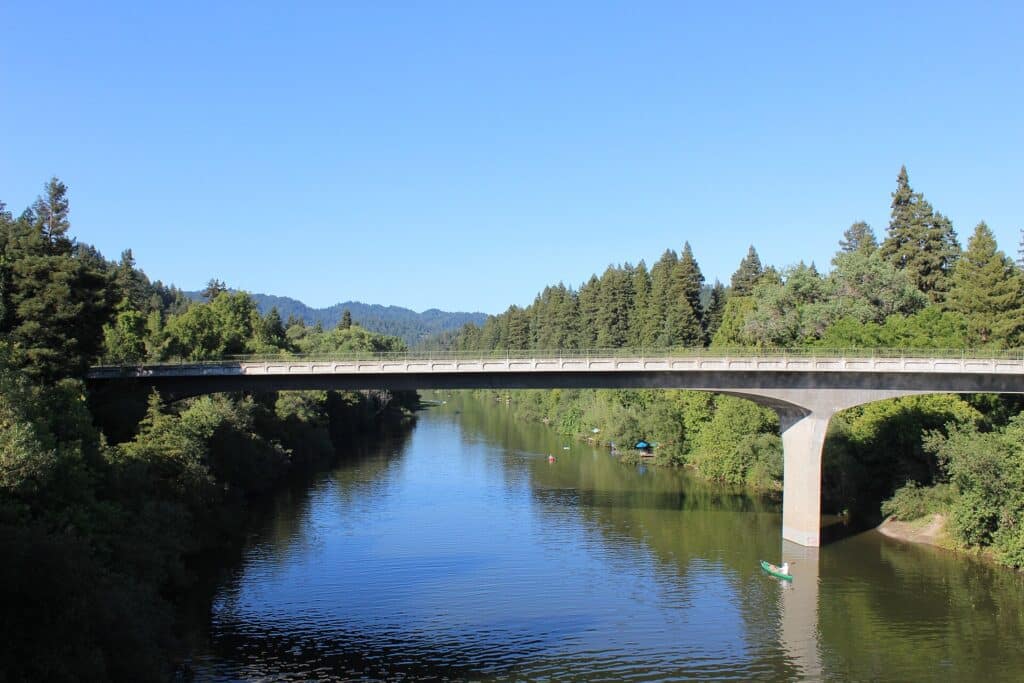 Russian River flowing beneath a bridge in Guerneville, California