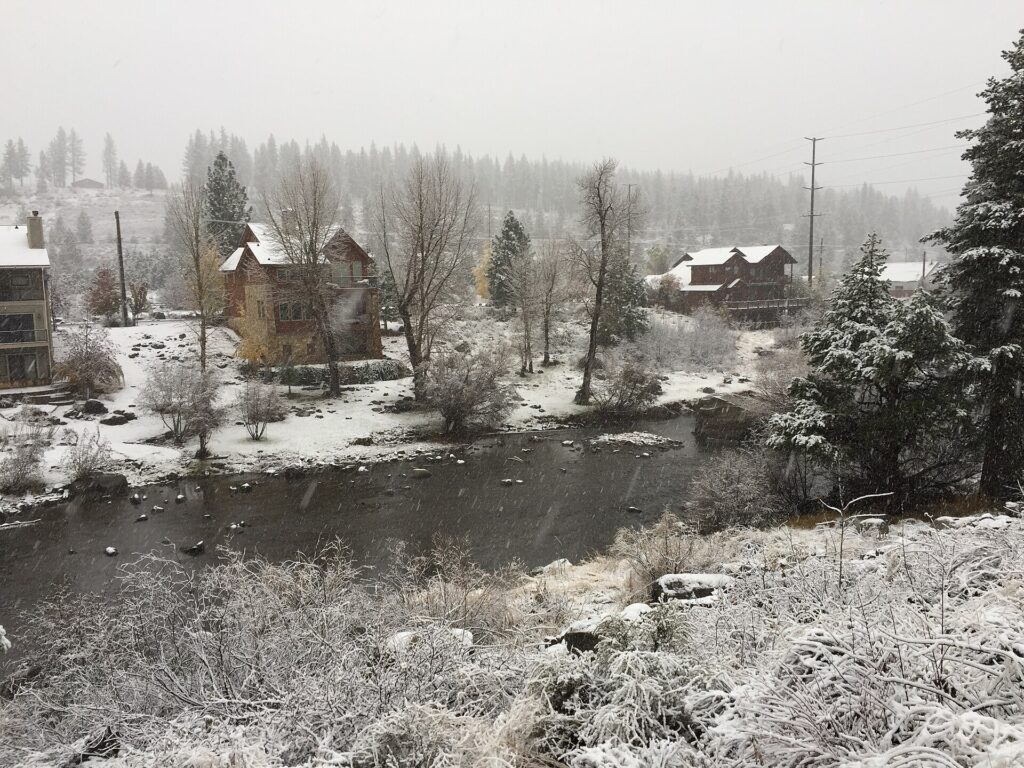 Truckee River at Regional Park in Truckee during a snowstorm