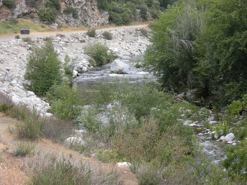 West Fork San Gabriel River flowing past rocks and shrubs