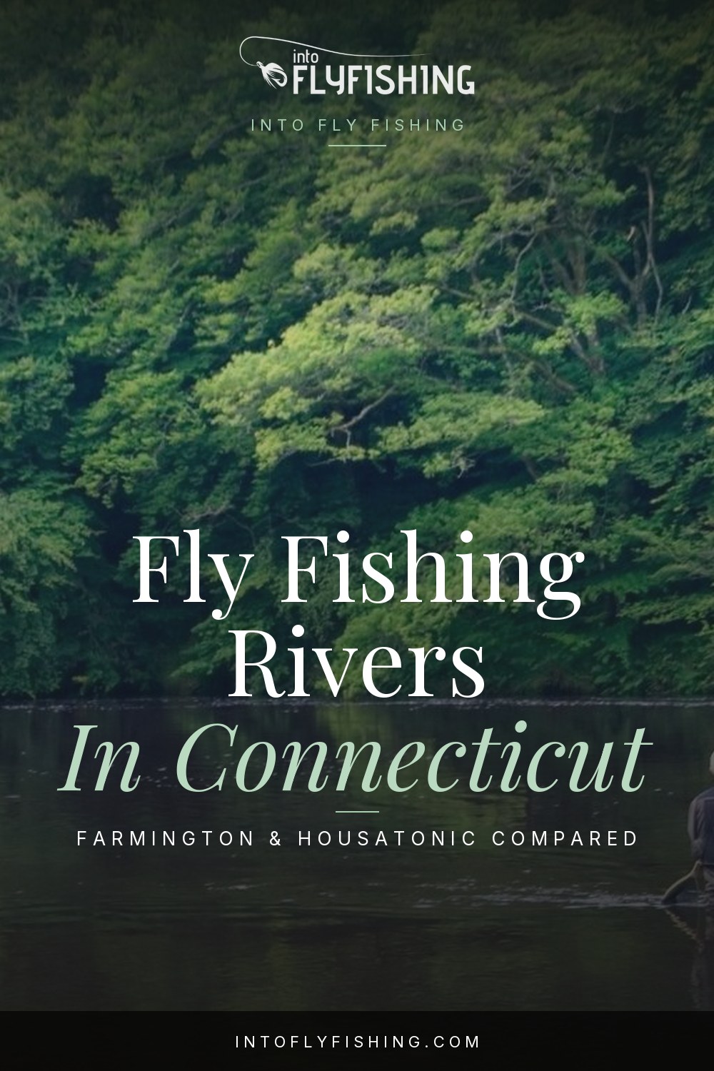 Connecticut fly fishing rivers guide pin over a wooded river scene.