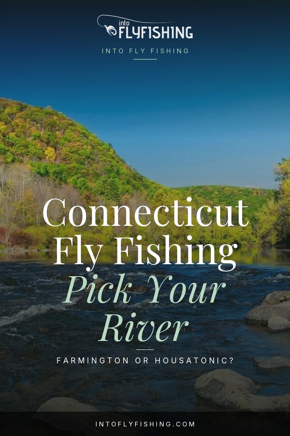 Connecticut fly fishing trip pin over an autumn river scene.