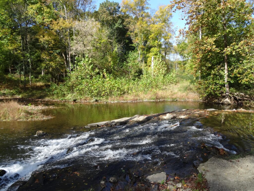 Red Clay Creek flowing over a low rock ledge beside the Auburn Valley Trail.