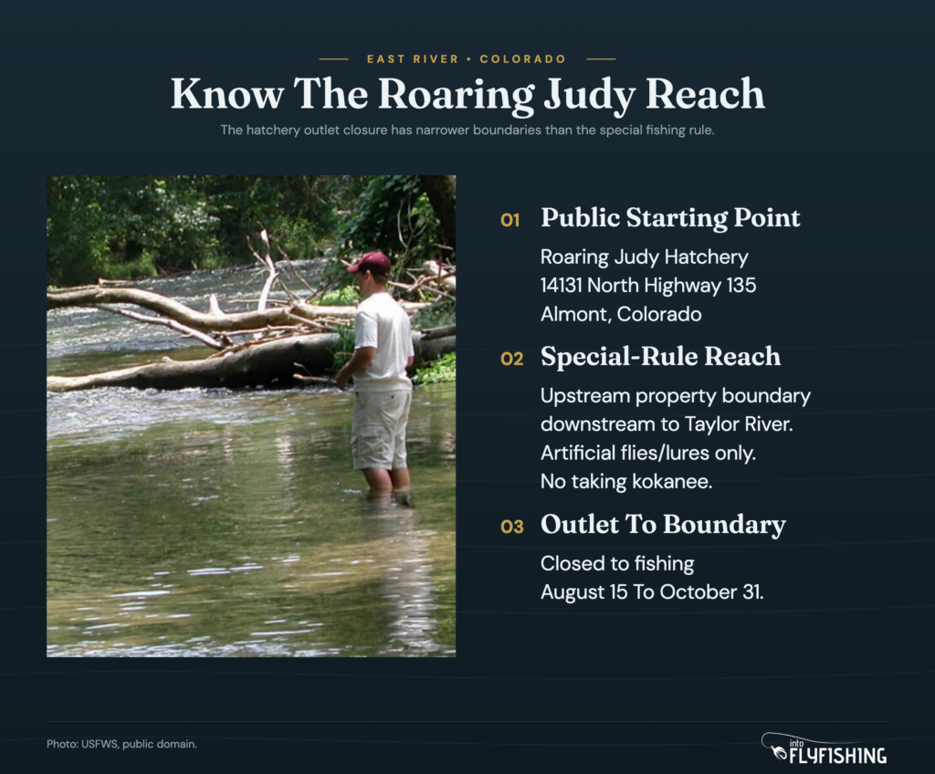East River Colorado guide distinguishing Roaring Judy public entry, special-rule reach, and seasonal outlet closure.