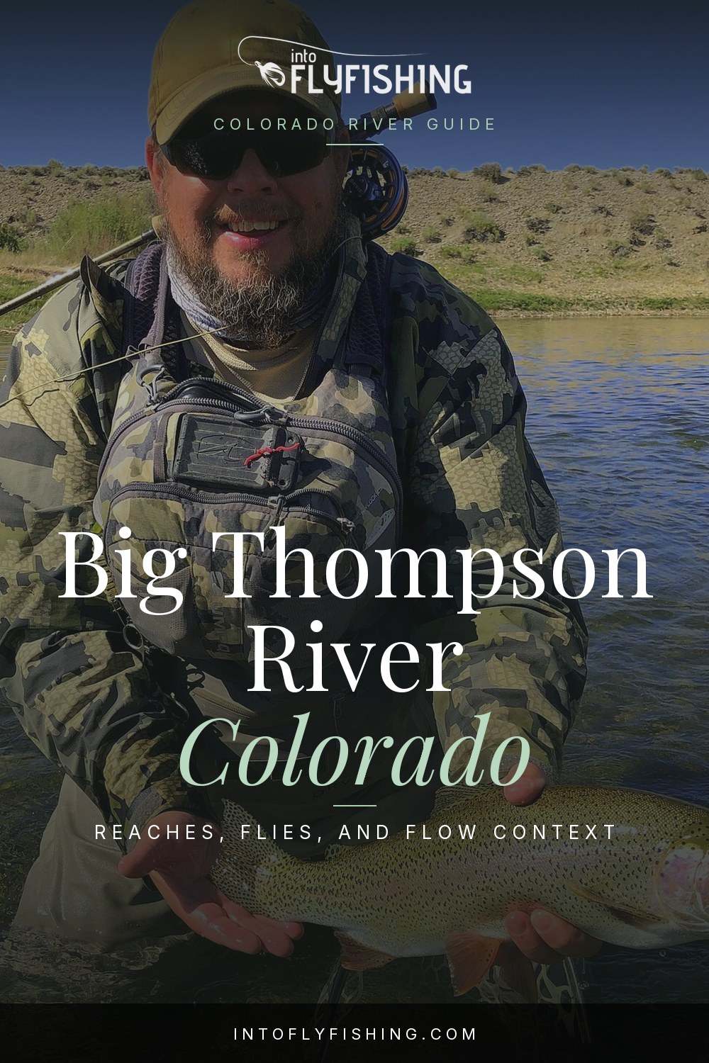 Big Thompson River Colorado fishing guide text over a rainbow trout photograph from Seedskadee National Wildlife Refuge, Wyoming.