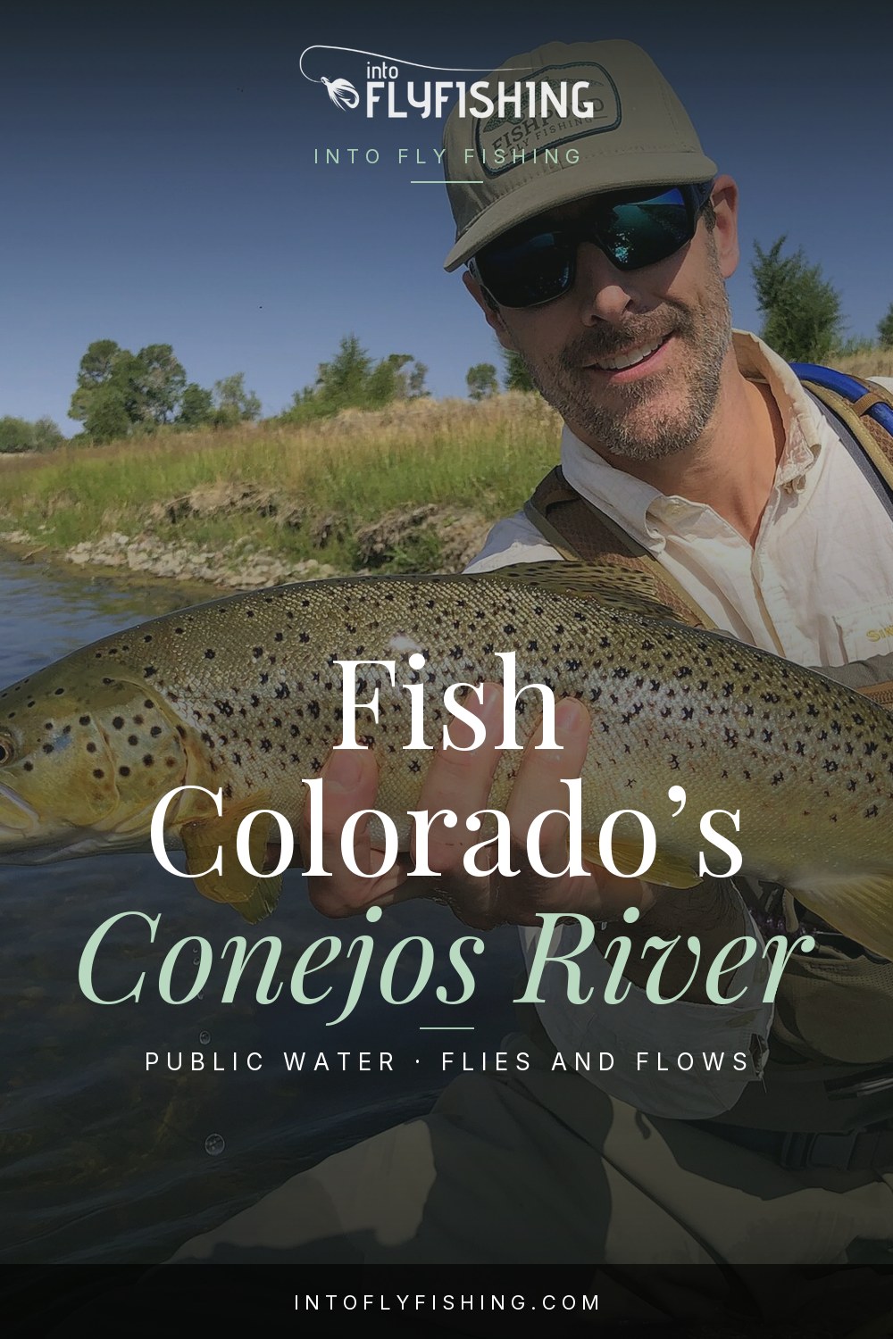 Conejos River Colorado fly fishing guide text over an angler holding a brown trout.