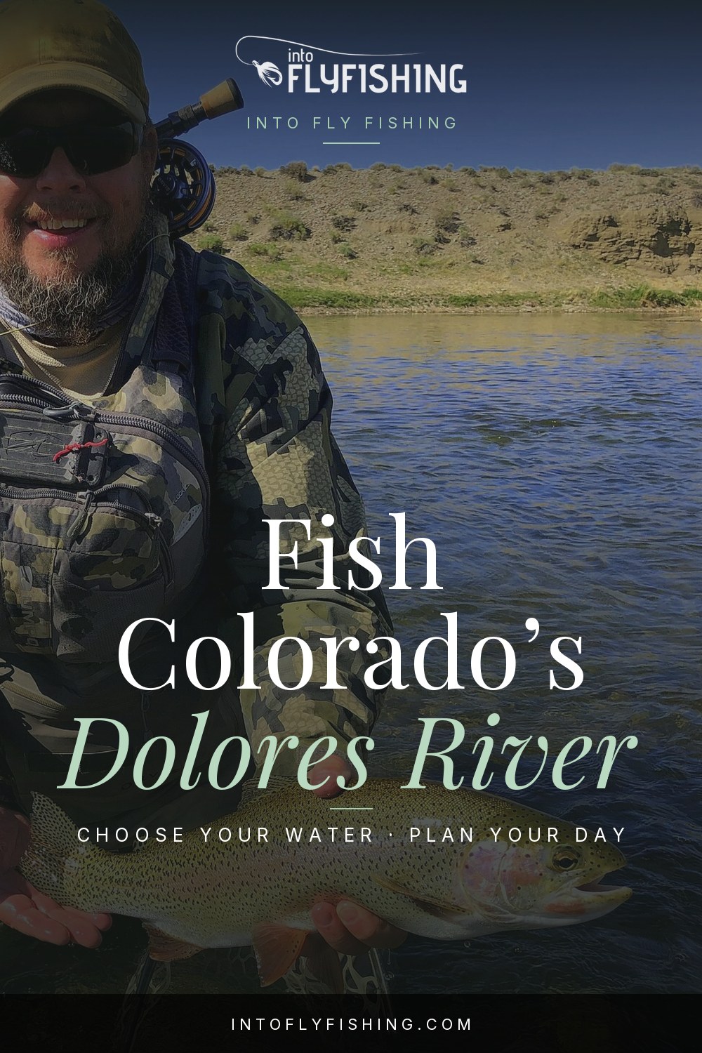 Dolores River Colorado fly fishing guide text over an angler holding a rainbow trout.