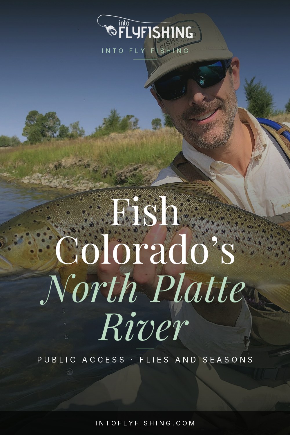 Colorado North Platte guide pin over a photograph of an angler holding a brown trout.