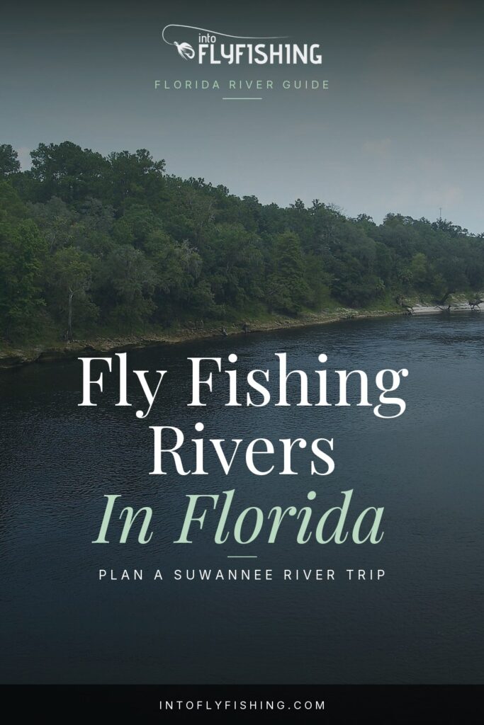 Florida fly fishing rivers guide text over a photograph of the Suwannee River at Dowling Park.