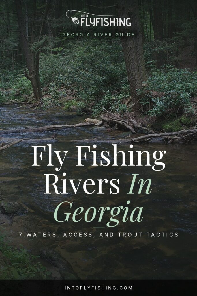 Georgia fly fishing rivers guide text over a photo of Noontootla Creek in Fannin County.