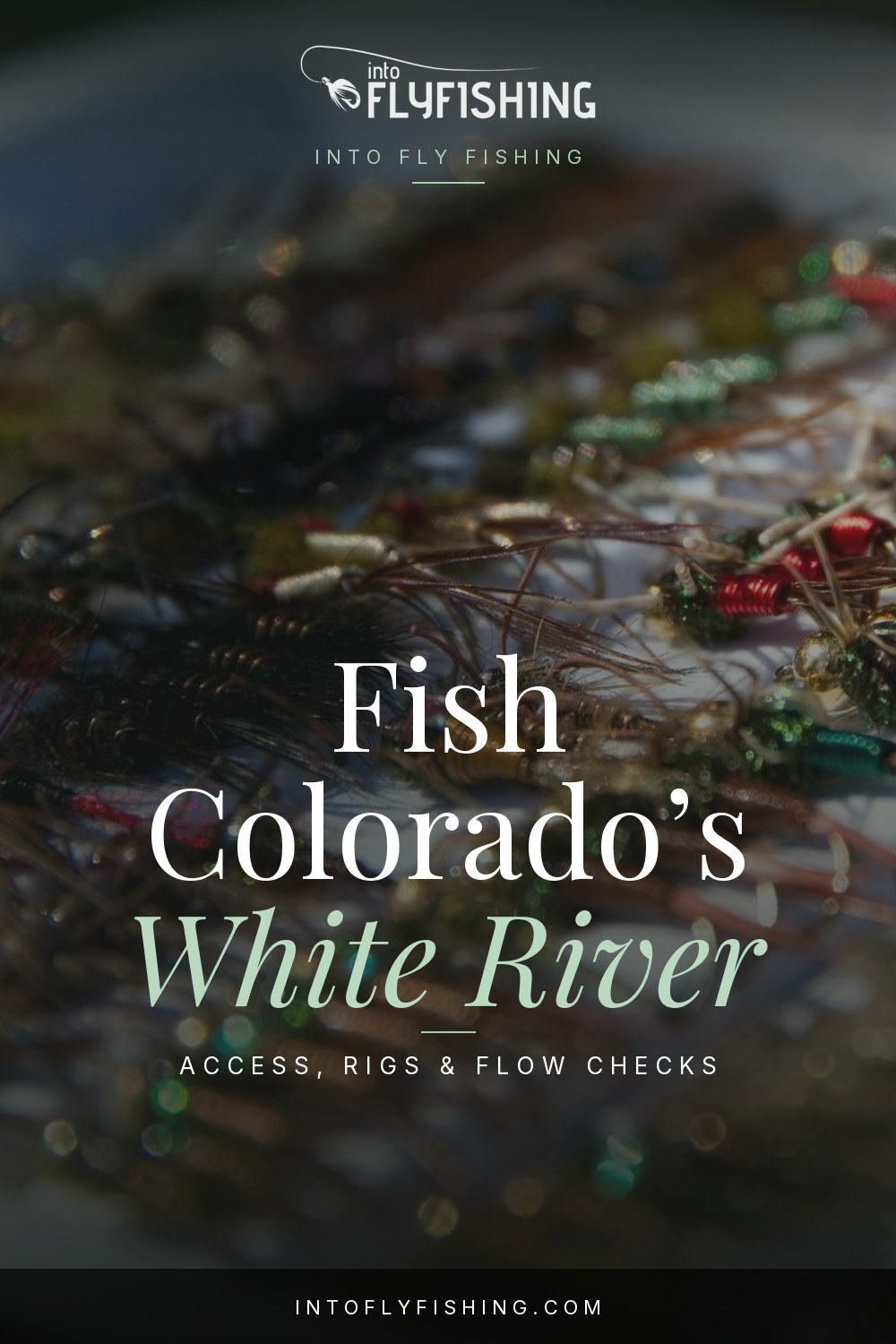White River Colorado guide text over a box of nymph flies.