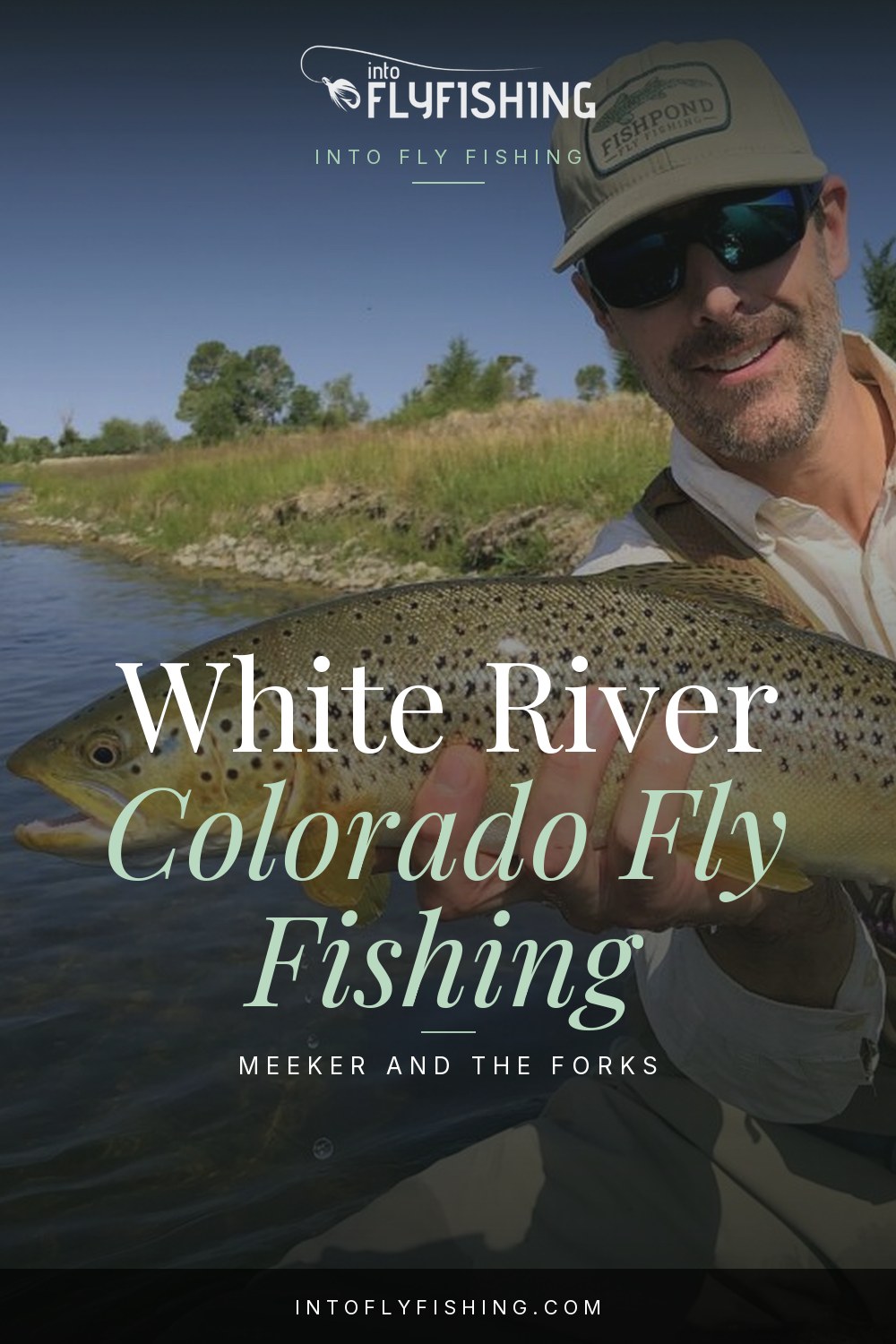 White River Colorado fly fishing guide text over an angler holding a brown trout.