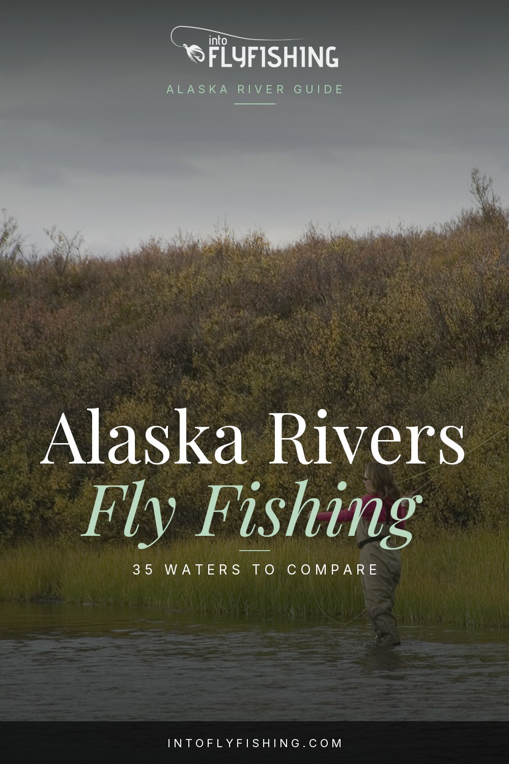 Alaska fly fishing rivers guide pin over a photograph of an angler on the Tangle River.