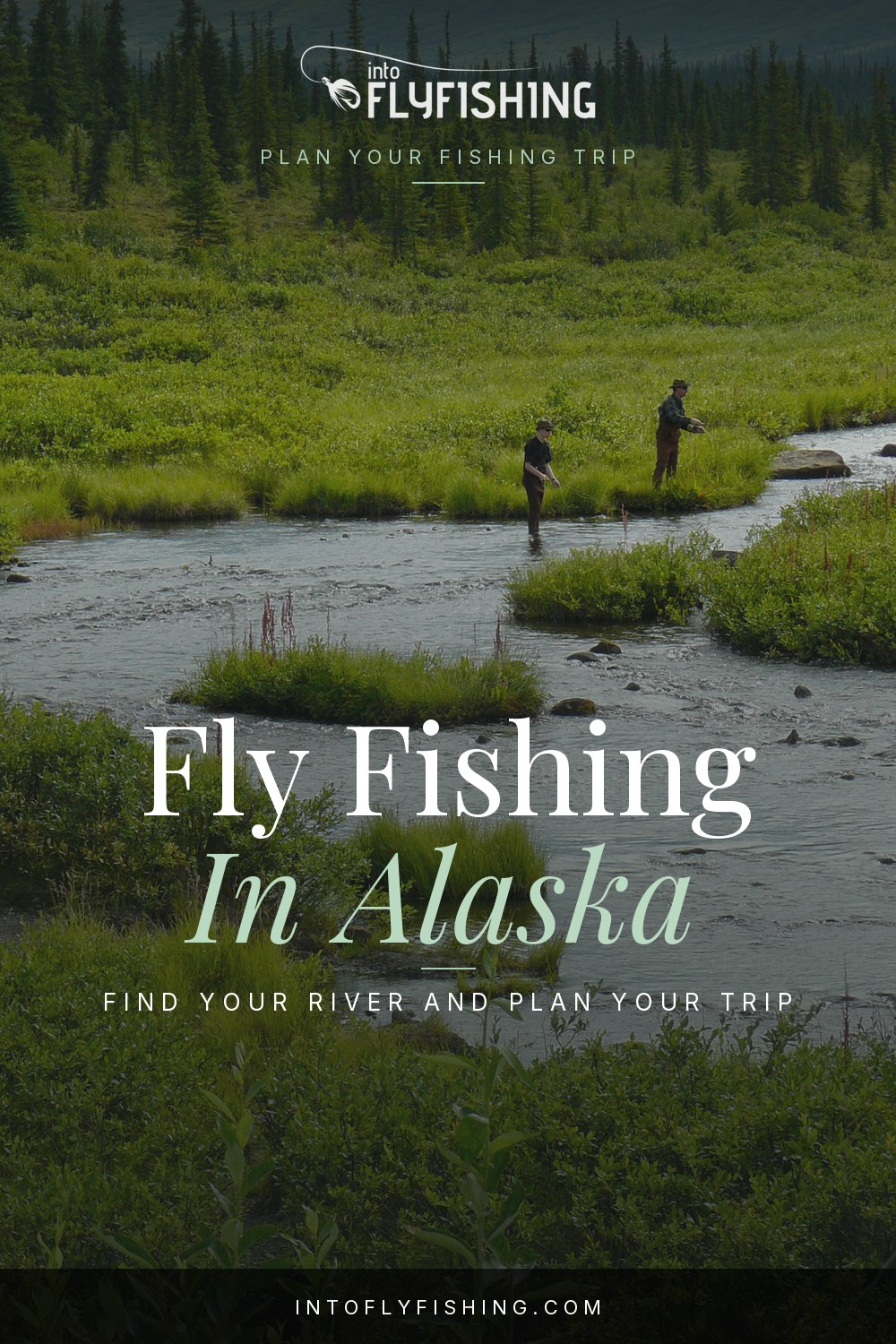 Alaska fly fishing trip guide pin over a photograph of anglers on a creek near the Denali Highway.