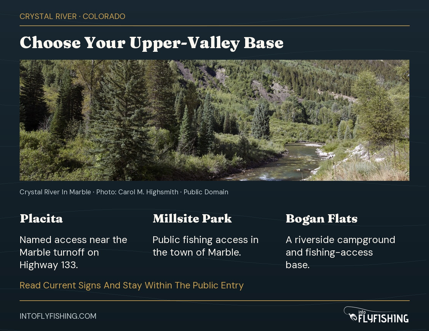 Three upper Crystal access choices: Placita near the Marble turnoff, Millsite Park in Marble, and Bogan Flats Campground. The river photo was taken in Marble.