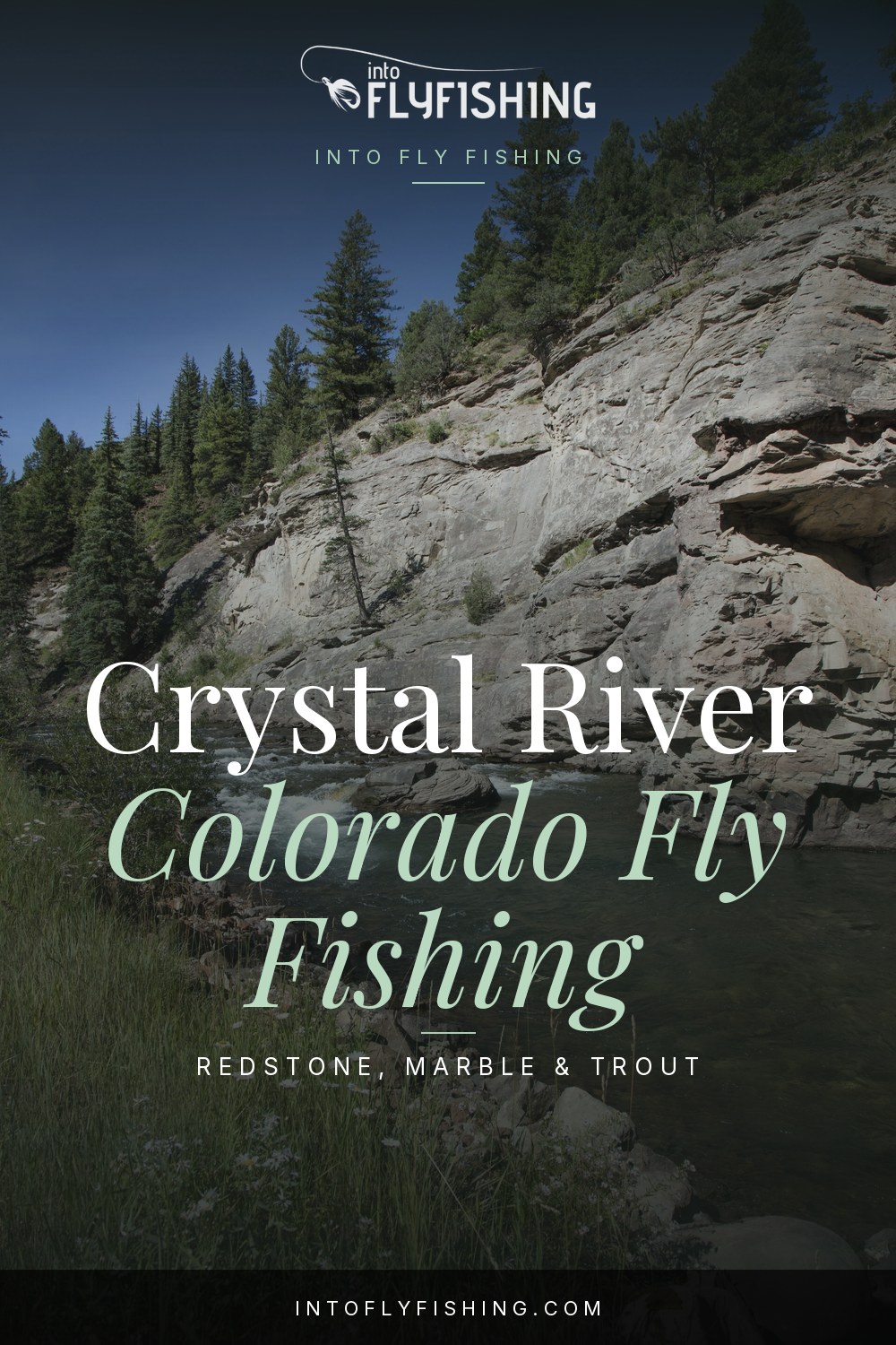 Crystal River near Marble, Colorado, with a fly-fishing guide title.